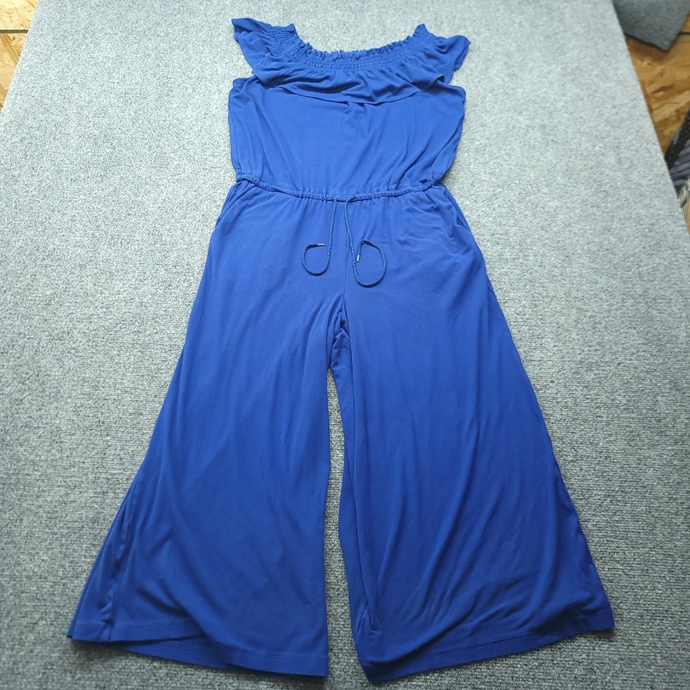 Lauren Ralph Lauren Blue Ruffle Off Shoulder Wide Leg Jumpsuit L 200700225002